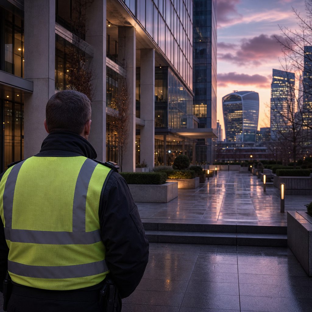 Security guard in hi-vis overlooking a London office forecourt at dusk